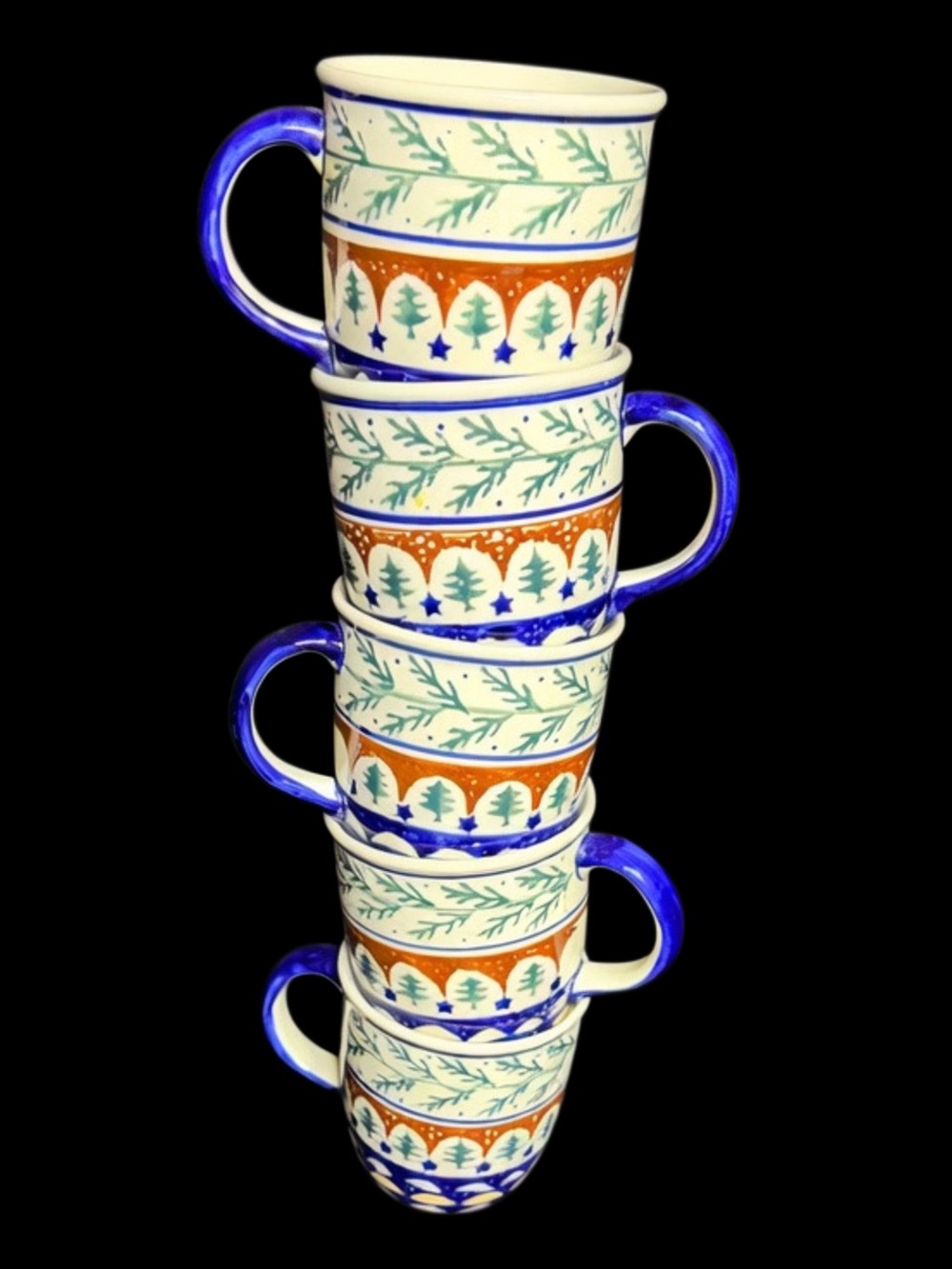 Polish Pottery Mugs set of 6 with Blue Handles and Festive Tree Pattern